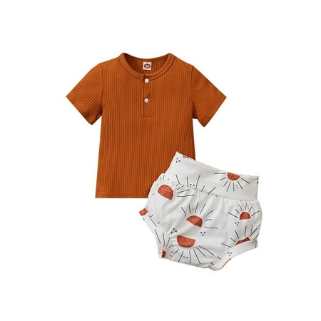 

Sunisery Infant Baby Boys Girls 2Pcs Clothes Outfits Round Neck Short Sleeve Ribbed Tops + Sun Printed Shorts Brown Sun 6-12 Months