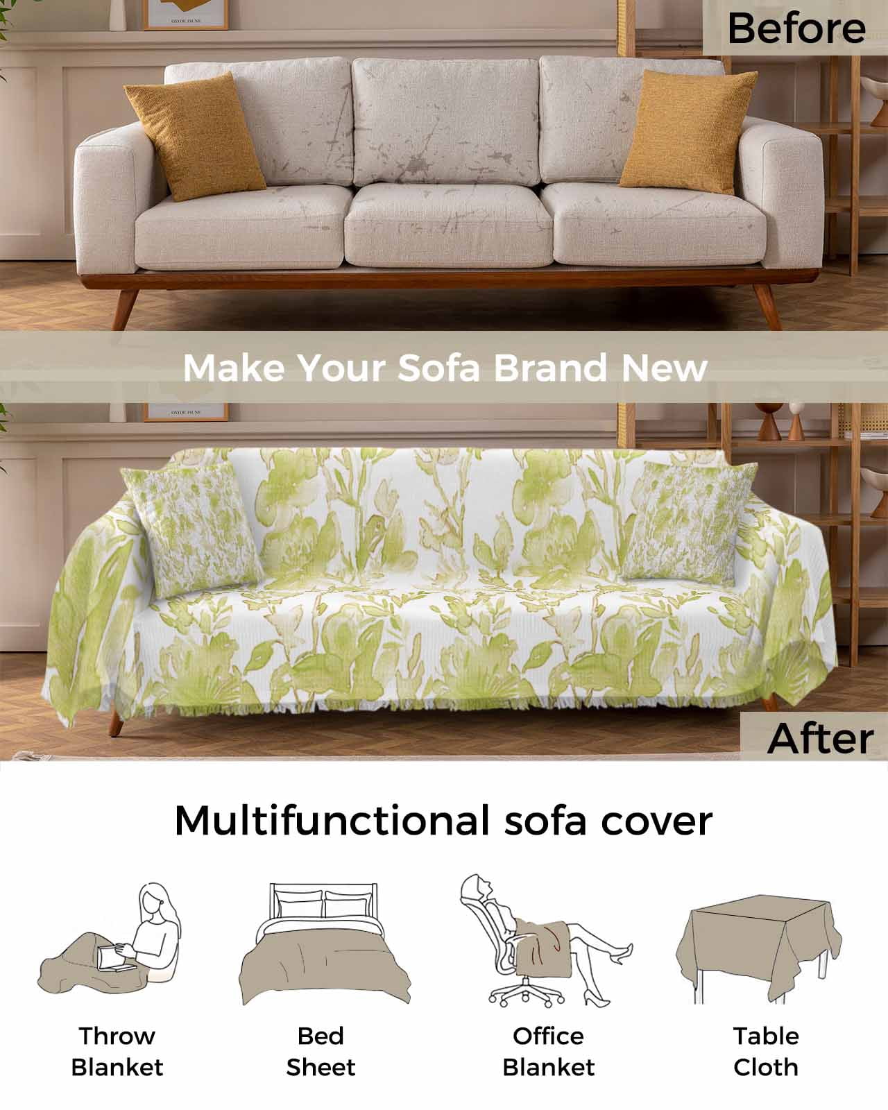 Sage Green Botanical Sofa Couch Covers for Dog,Washable Sofa Throw Cover Single Slipcoverfor Armchair,Painted Floral Pastoral Country French Leaves Couch Protector Towel Blanket Medium 71x91