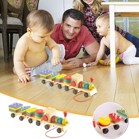 SUWHWEA Train Toy Beech Wooden Train Children's Educational Early Education Building Blocks Color Matching Assembly Three-section Shape Drag Car Toy Educational On Clearance