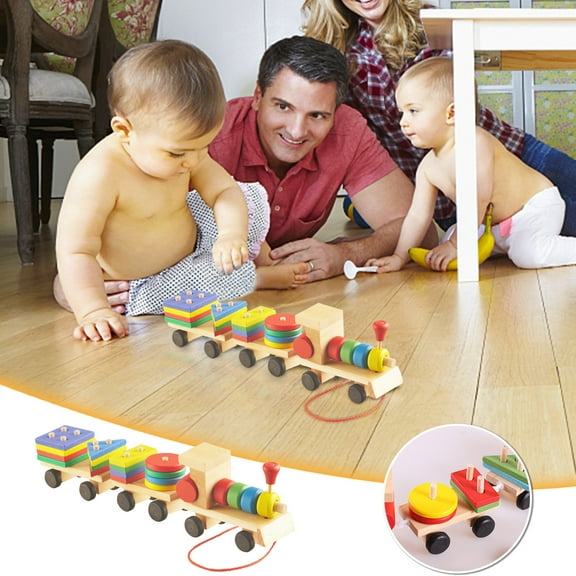 Vikszoy Car Toys for Kids Beech Wooden Train Children's Educational Early Education Building Blocks Color Matching Assembly Three-section Shape Drag Car Toy Educational