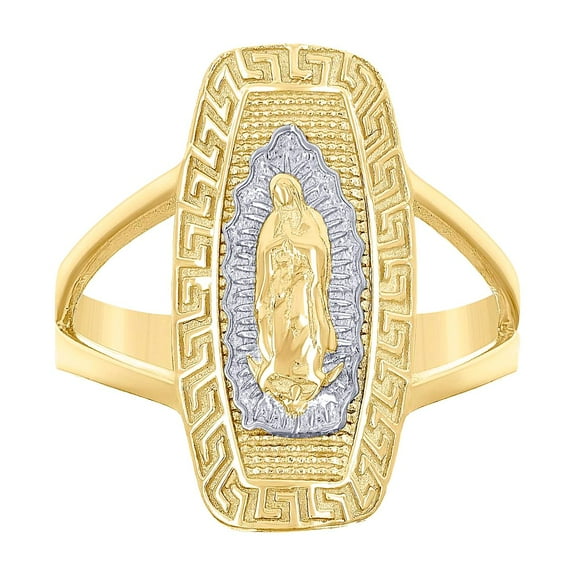 10k Two-tone Gold Womens Greek Key Patterned Guadalupe Religious Ring 19.1x3.8mm Wide Ring for Women