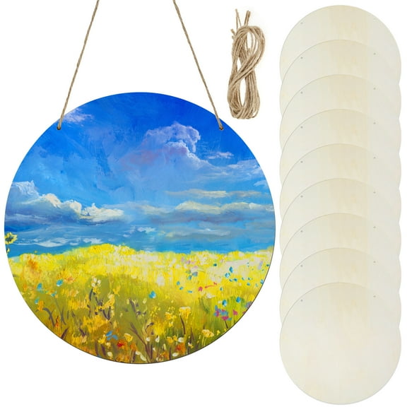 10 Pcs Wood Circles for Crafts 12 Inch Unfinished Wood Rounds DIY Wooden Blank Sign with Hemp Rope Multipurpose Wooden Round Blanks for DIY Crafts Door Sign Painting