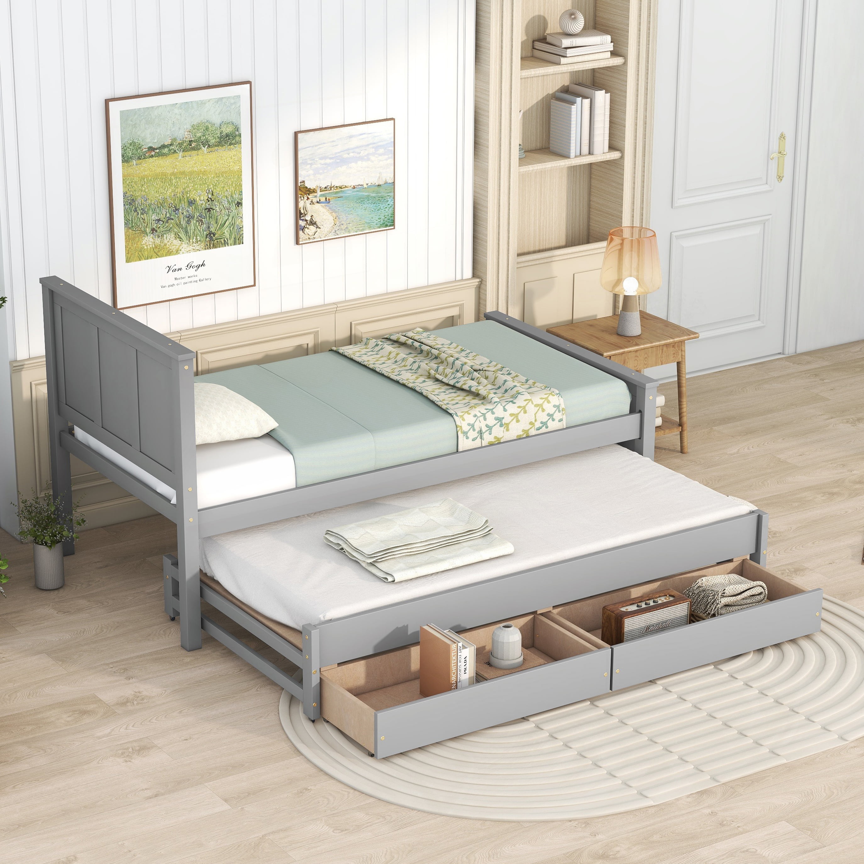 Aukfa Twin Platforms Storage Bed with Trundle, Wood Captain's Bed with 2 Drawers - Gray
