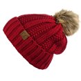 thumbnail image 2 of C.C Thick Cable Knit Faux Fuzzy Fur Pom Fleece Lined Skull Cap Cuff Beanie, Red, 2 of 4