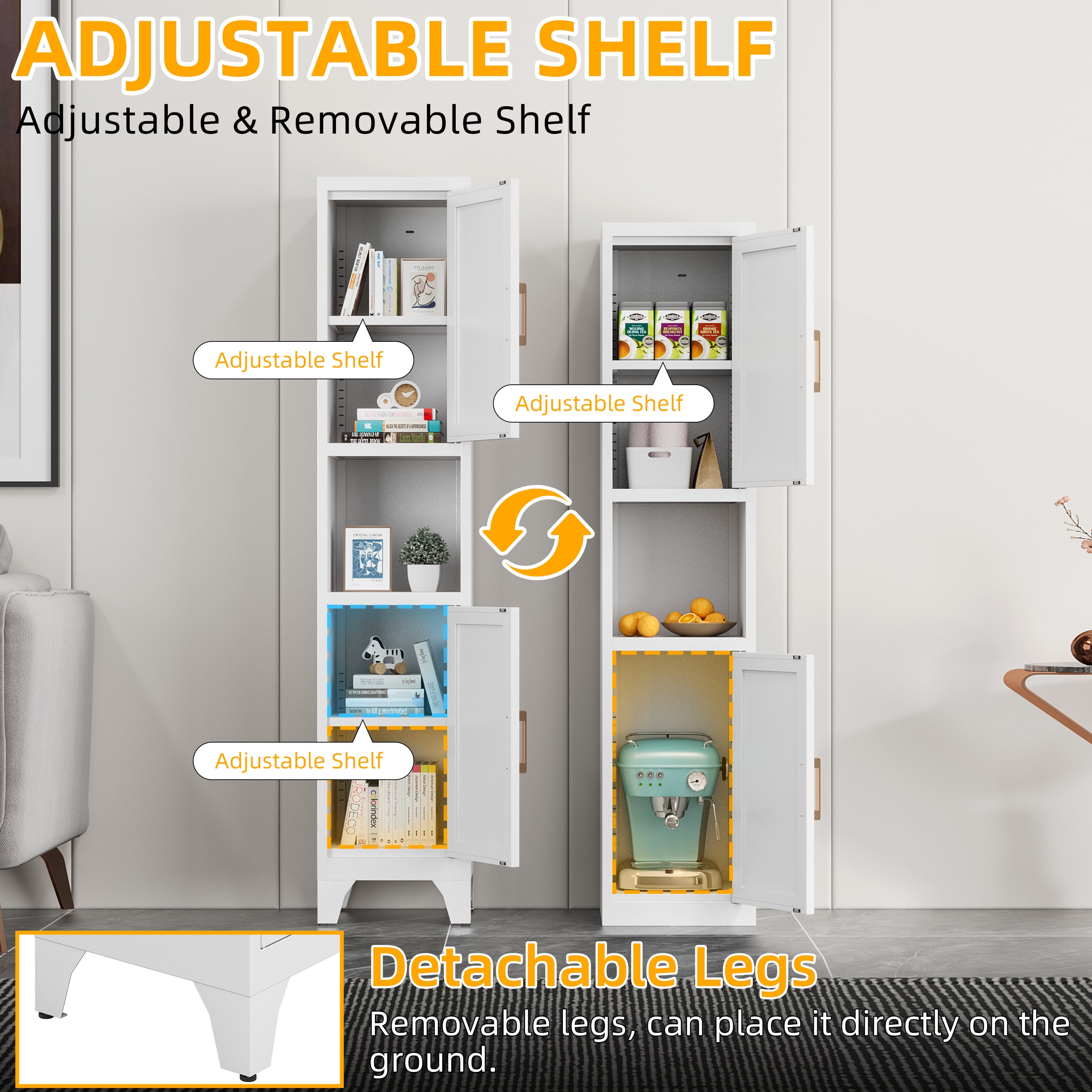 67" H White Metal Narrow Pantry Cabinet with 2 Doors and 2 Adjustable Shelves, 5 Tier Small Thin Storage Cabinet with Legs and Gold Handle for Kitchen,Home Office,Bath,Laundry,Easy Assembly