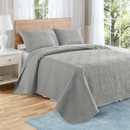 VCCOEM Quilt Set Twin/Twin XL Size Lightweight Bedspreads All Season Coverlet 2 Piece (1 Quilt 1 Pillow Sham) Coin Pattern Light Gray