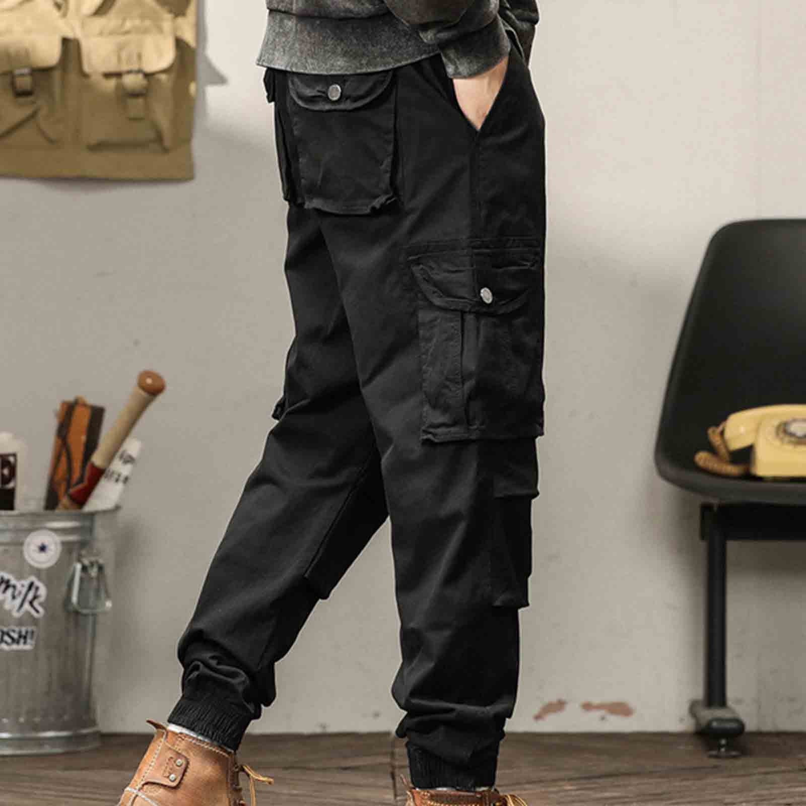 HOOMEUMY Men's Cargo Pants with Pockets Cotton Hiking Sweatpants Casual Athletic Jogger Sports Outdoor Drawstring Trousers Black 14