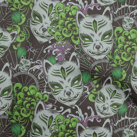 oneOone Viscose Chiffon Green Fabric Asian Japanese Mask Dress Material Fabric Print Fabric By The Yard 42 Inch Wide