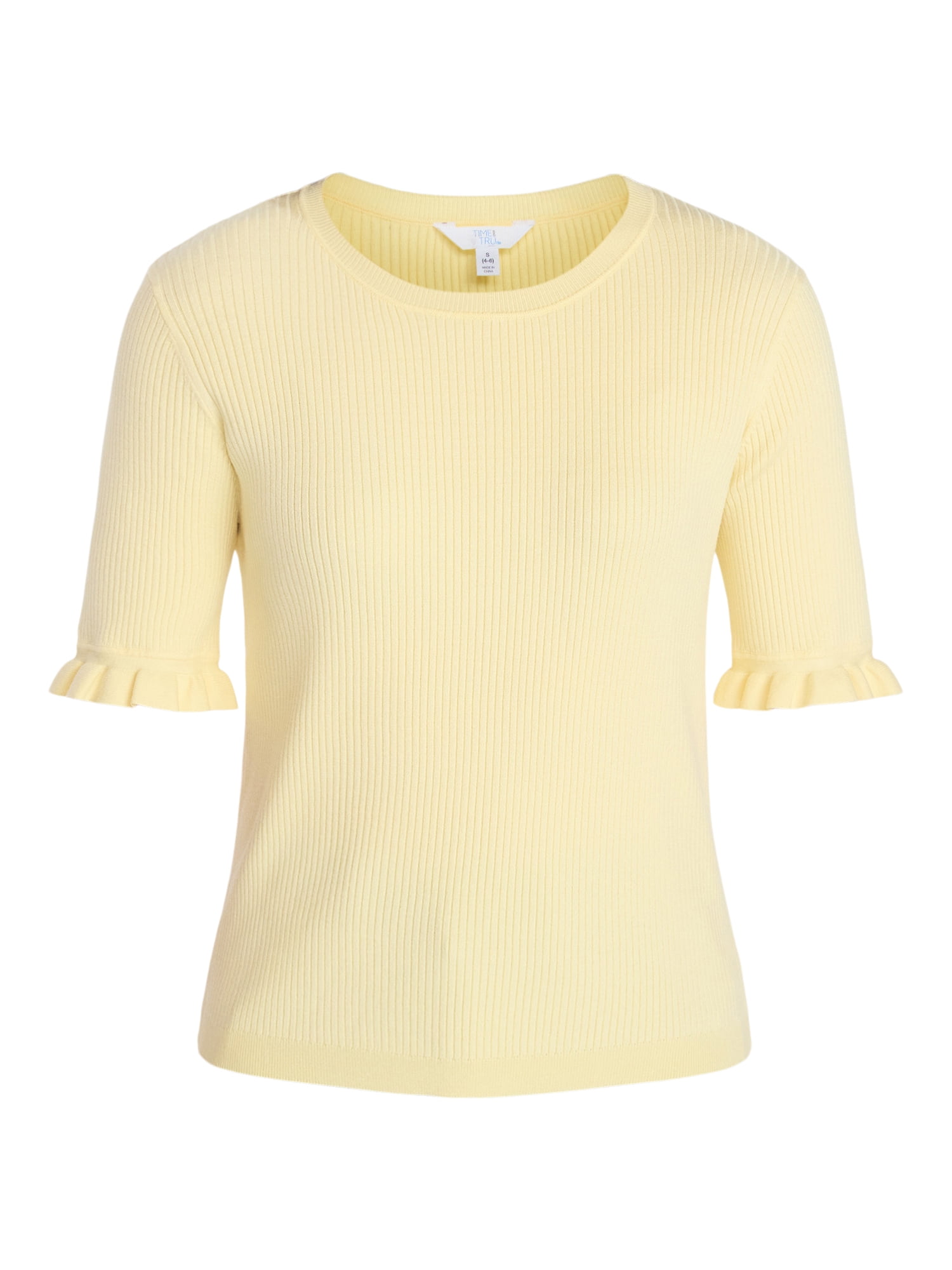 Time and Tru Women's Ribbed Sweater with Flounce Sleeves, Midweight, Sizes XS-XXXL