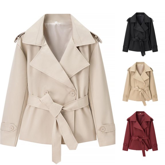 Jane Wardrobe Belted Waist Cropped Trench Jacket for Women, Lapel Collar Long Sleeve, Elegant Slim Fit Fall Outerwear, 1 Piece, S-L