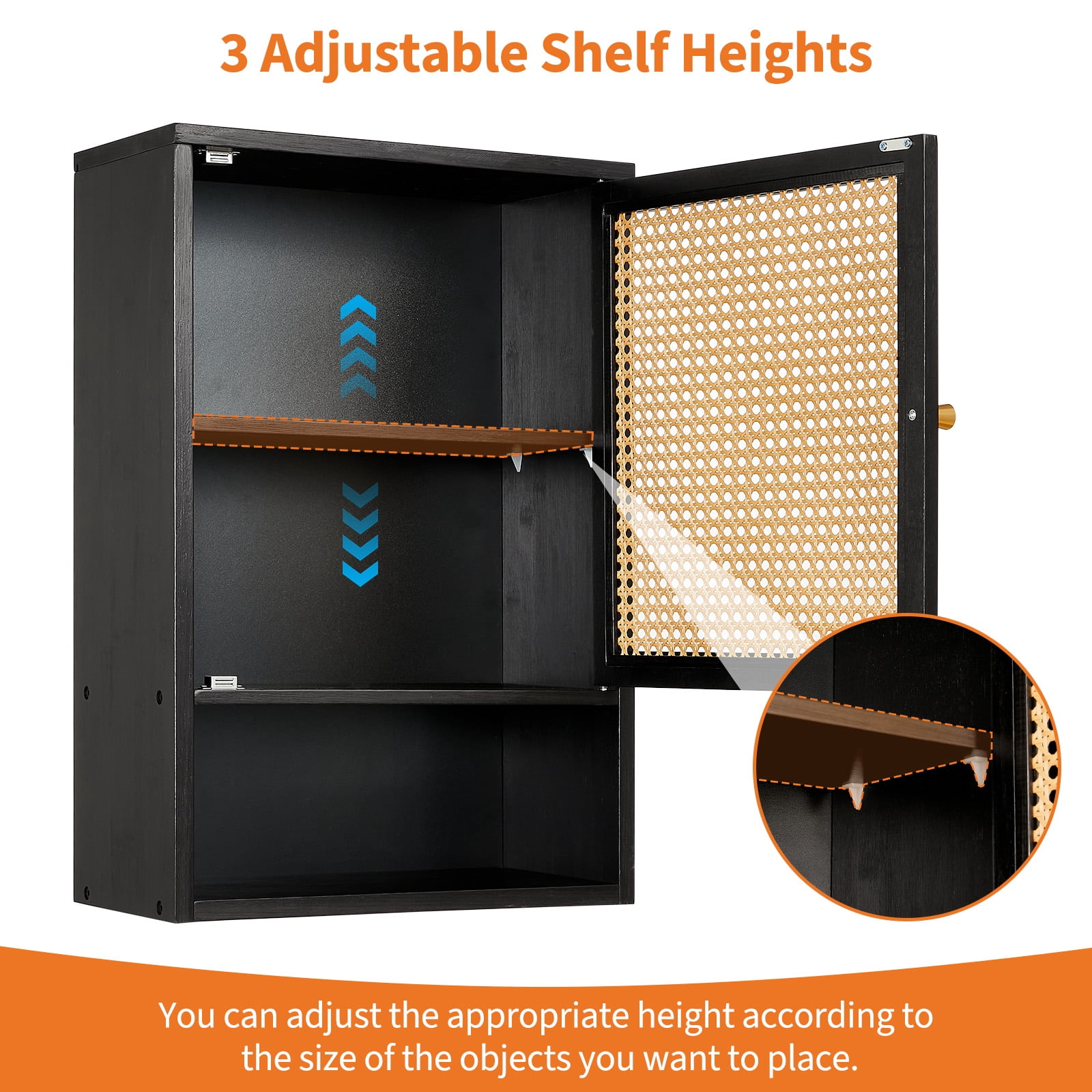 Garvee Bathroom Wall Cabinet, Bamboo Over-The-Toilet Storage Organizer with Rattan Doors and Adjustable Shelf, Space Saver Medicine Cabinet for Laundry, Kitchen, Living Room and Home Office Black