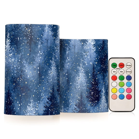 Blue Christmas Tree Forest Flickering Flameless Candles LED Tealight Battery Operated with Remote Set of 2 Holiday Decor Ornaments