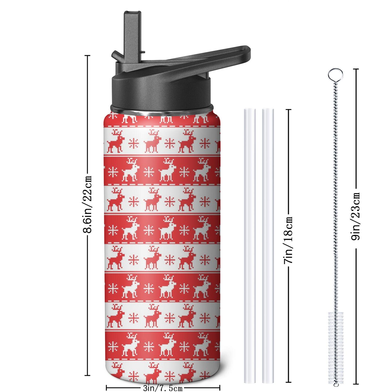 Christmas 18 oz Insulated Stainless Steel Water Bottle with Straw & Cleaning Brush , Leakproof, BPA-Free, 304 Stainless Steel, Wide Mouth, Travel Mug for Car, Gym, Office