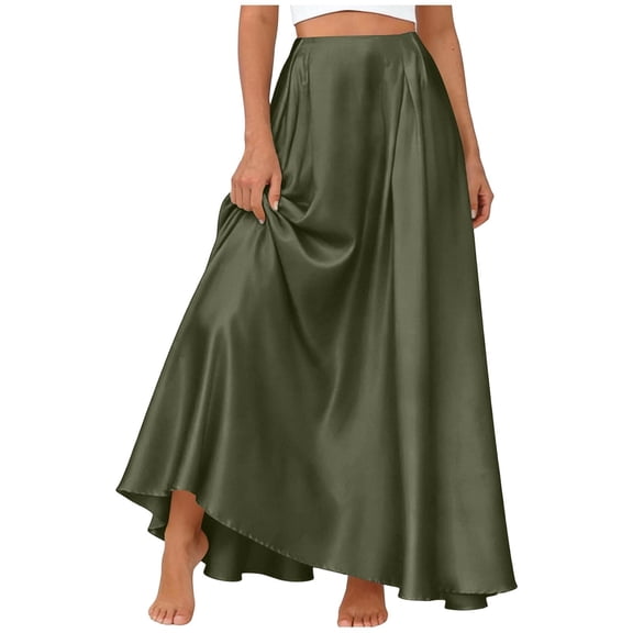 Women's Summer Fashion Solid Color A-Line Maxi Skirt Drawstring Pocket High Elastic Waist Skirt,Army Green L