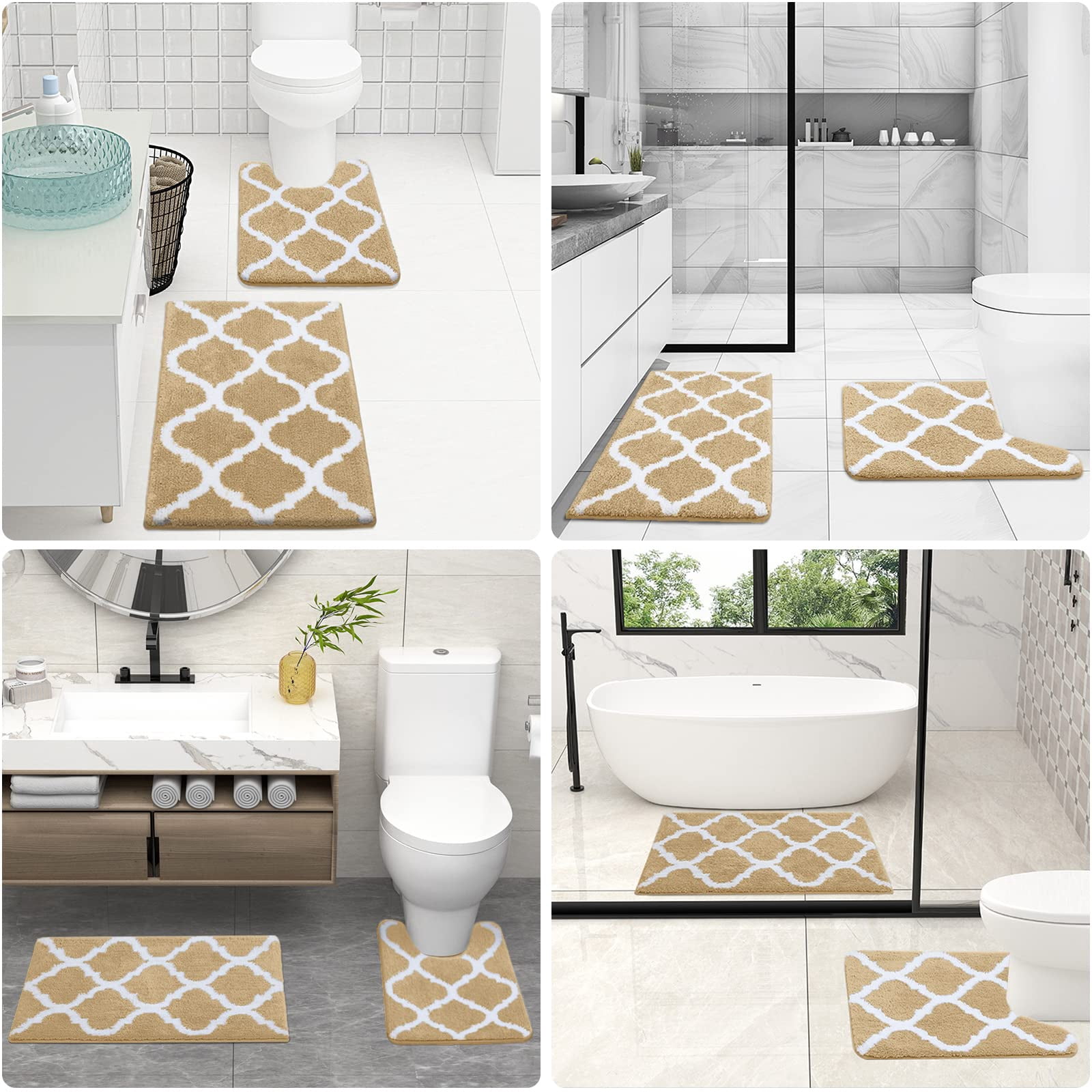 Buganda Microfiber Bathroom Rugs Set 2 Piece,U-Shaped Toilet Rug, Machine Wash Dry, Non-Slip Absorbent Shaggy Bath Mats for Tub, Shower and Bathroom (30"x20"+24"x20", Beige)