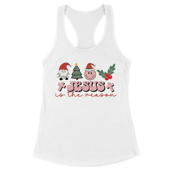 Smiley Jesus Is the Reason Christmas Tank Top Fitted Racerback Women's Large White