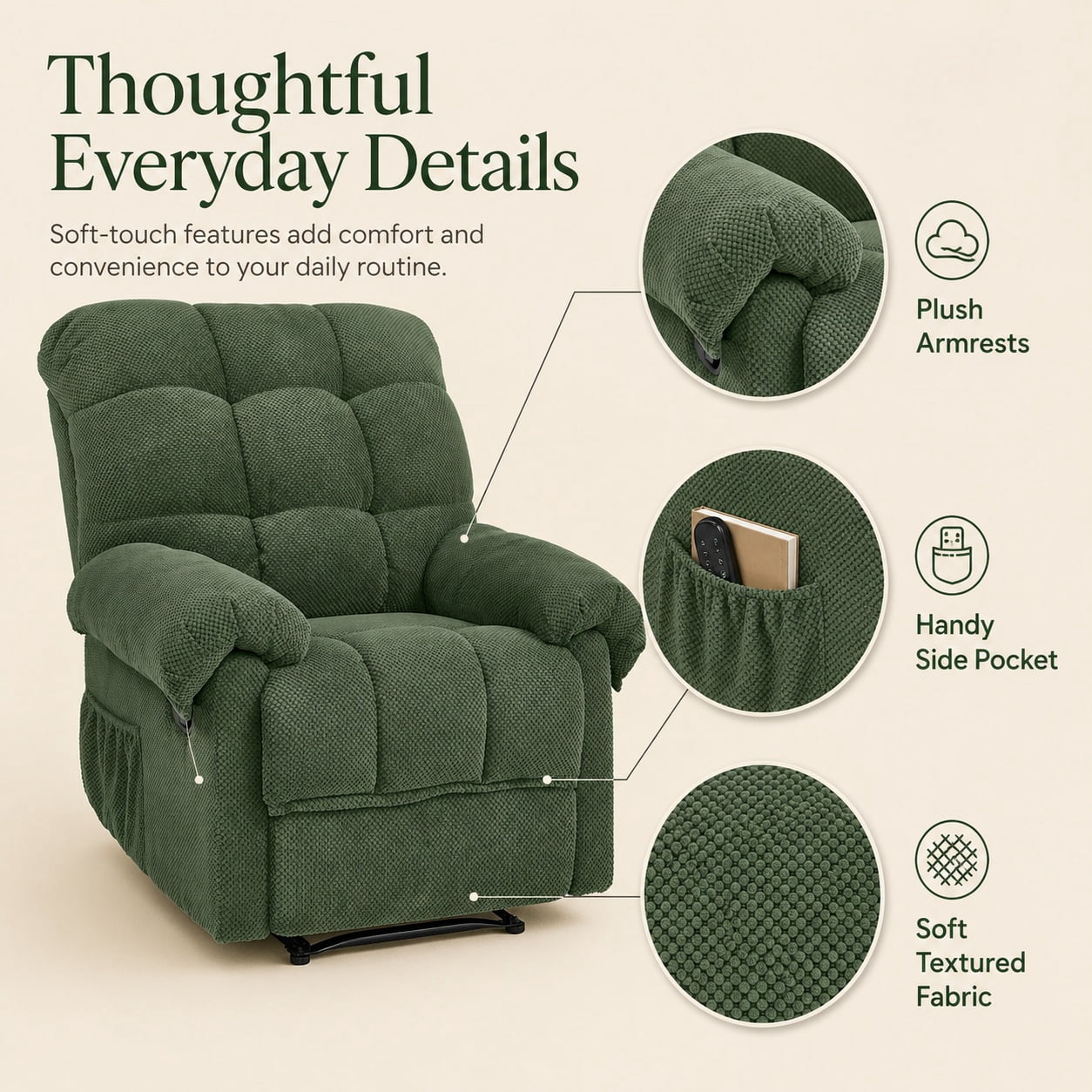 Miniyam Overstuffed Recliner Chair with Plush Armrests, Adjustable Ergonomic Recliner, 105° to 165° Reclining, Green