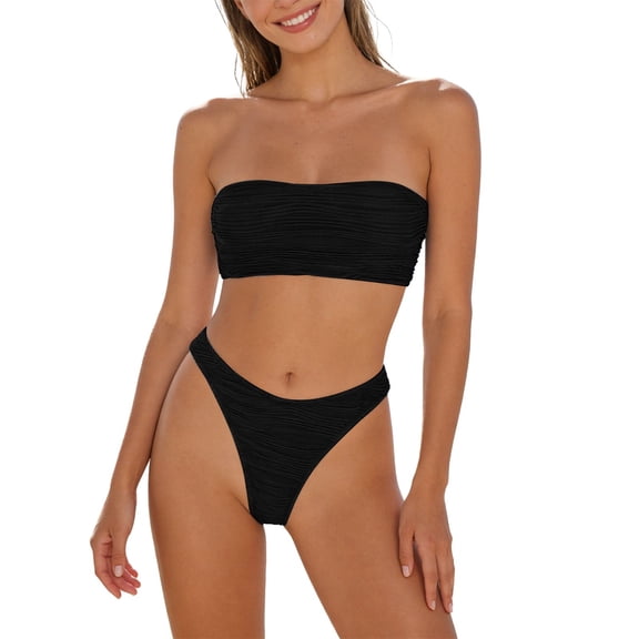 QURATI Swimwear Ruched Two Piece Bikini: High Waisted Thong Style Vacation Swimwear Set Black L