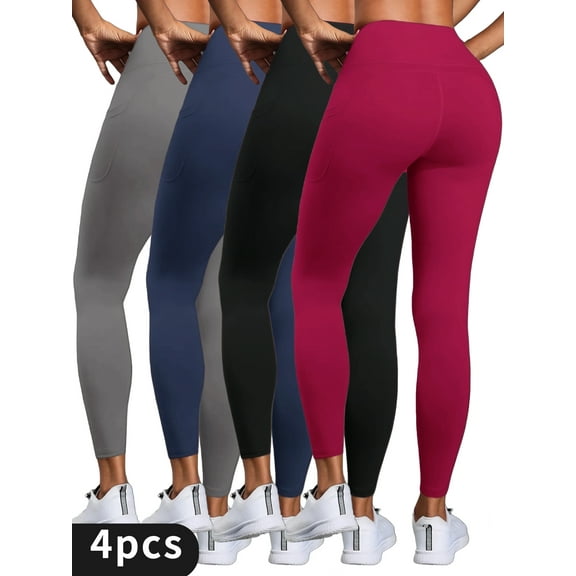 4-piece high-waisted solid yoga pants with side pockets, comfortable and slim, suitable for leisure, sports and fitness