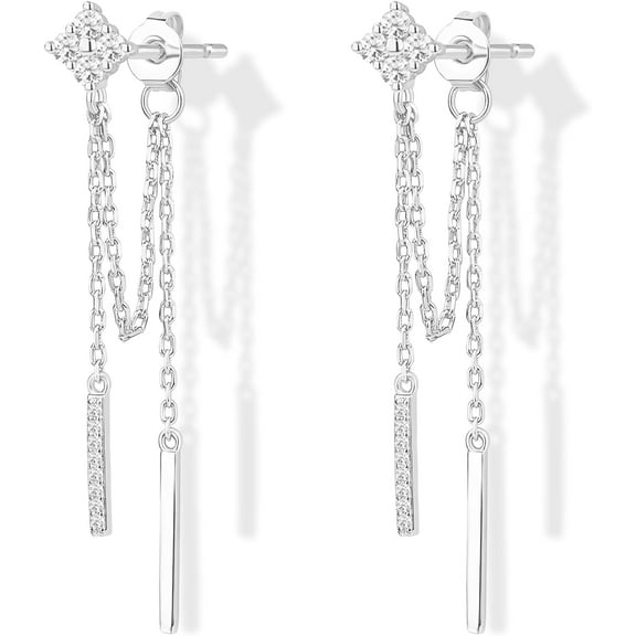 18K Gold Plated Sterling Silver Posts Four Zircons Flower Drop Dangle Chain Earrings for Women | Dangling Chain Studs | Four Cubic Zirconia Flower Threader Earscapes Earrings Gifts for Women