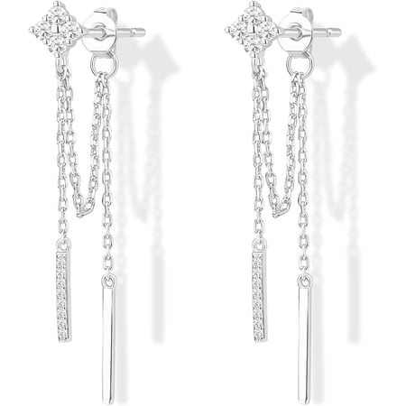 18K Gold Plated Sterling Silver Posts Four Zircons Flower Drop Dangle Chain Earrings for Women | Dangling Chain Studs | Four Cubic Zirconia Flower Threader Earscapes Earrings Gifts for Women