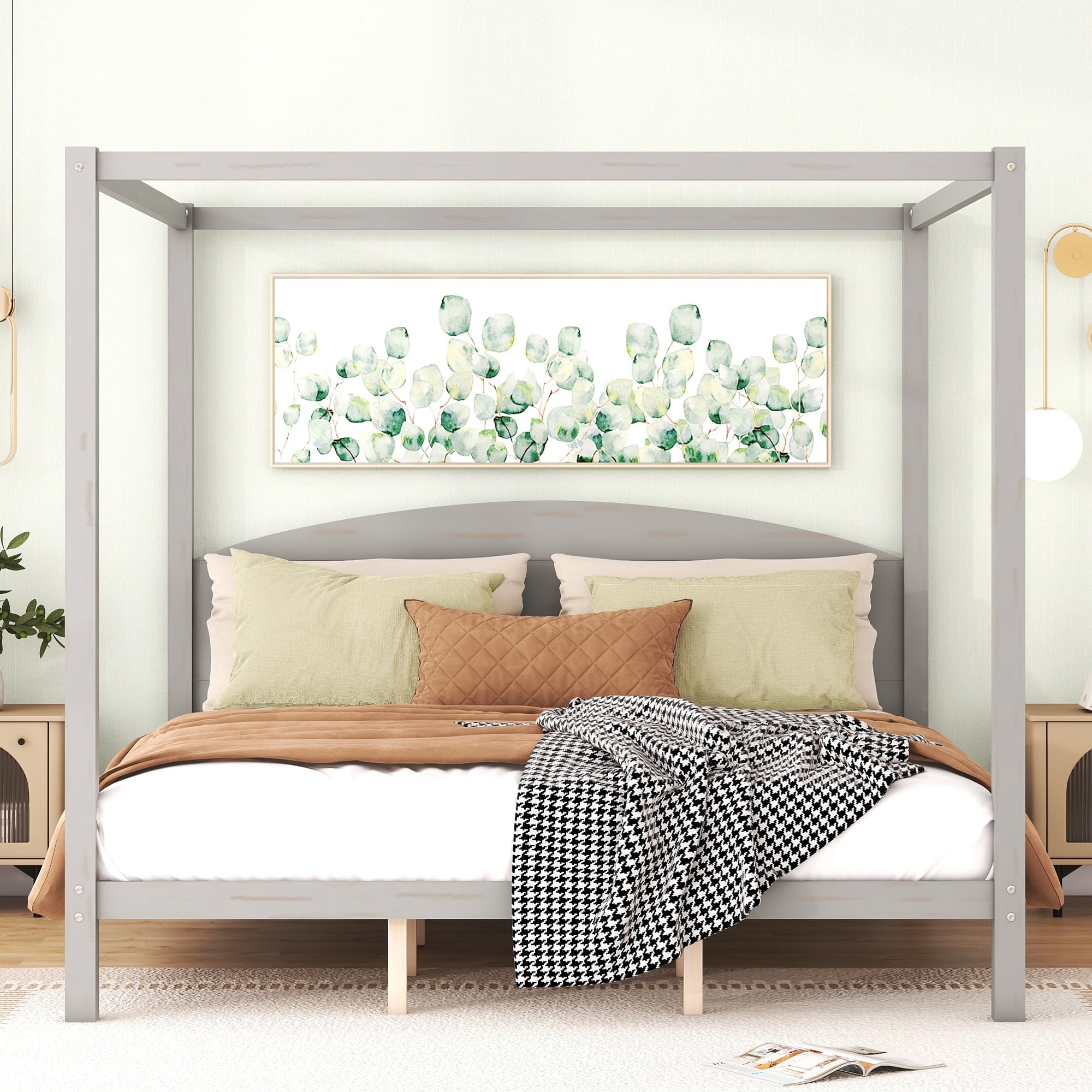 Harper & Bright Designs King Size Canopy Platform Bed with Headboard and Support Legs, Solid Wood 4 Post Canopy Bed Frame for Teens Adult, Grey