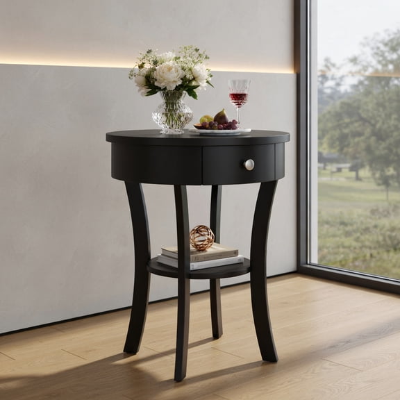 Resenkos Sofa Side End Table, End Table, Couch Table,2-Tier Wood Round End Table with Open Drawer-Black