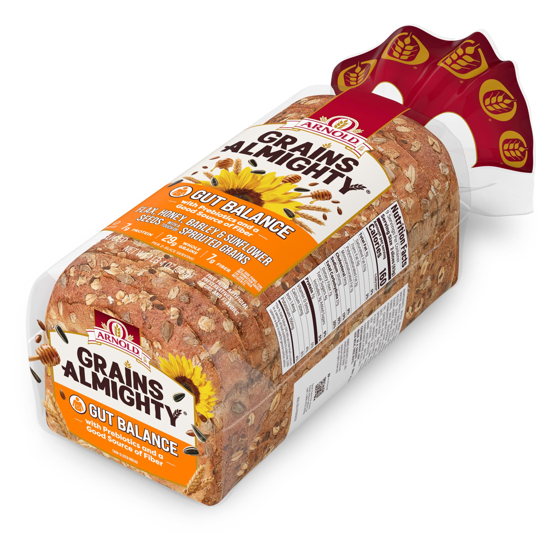 Arnold Grains Almighty Gut Balance Bread, 20 oz, Whole Grains Thin Sliced Seeded Bread, Bag