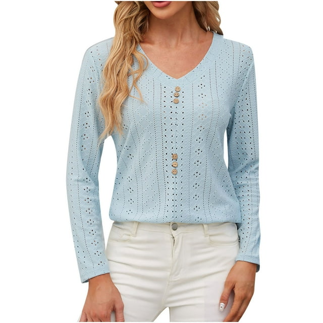 aidice Tops for Women Eyelet V Neck Long Sleeve Button Fitting Comfy Solid Color Casual Tee Shirts