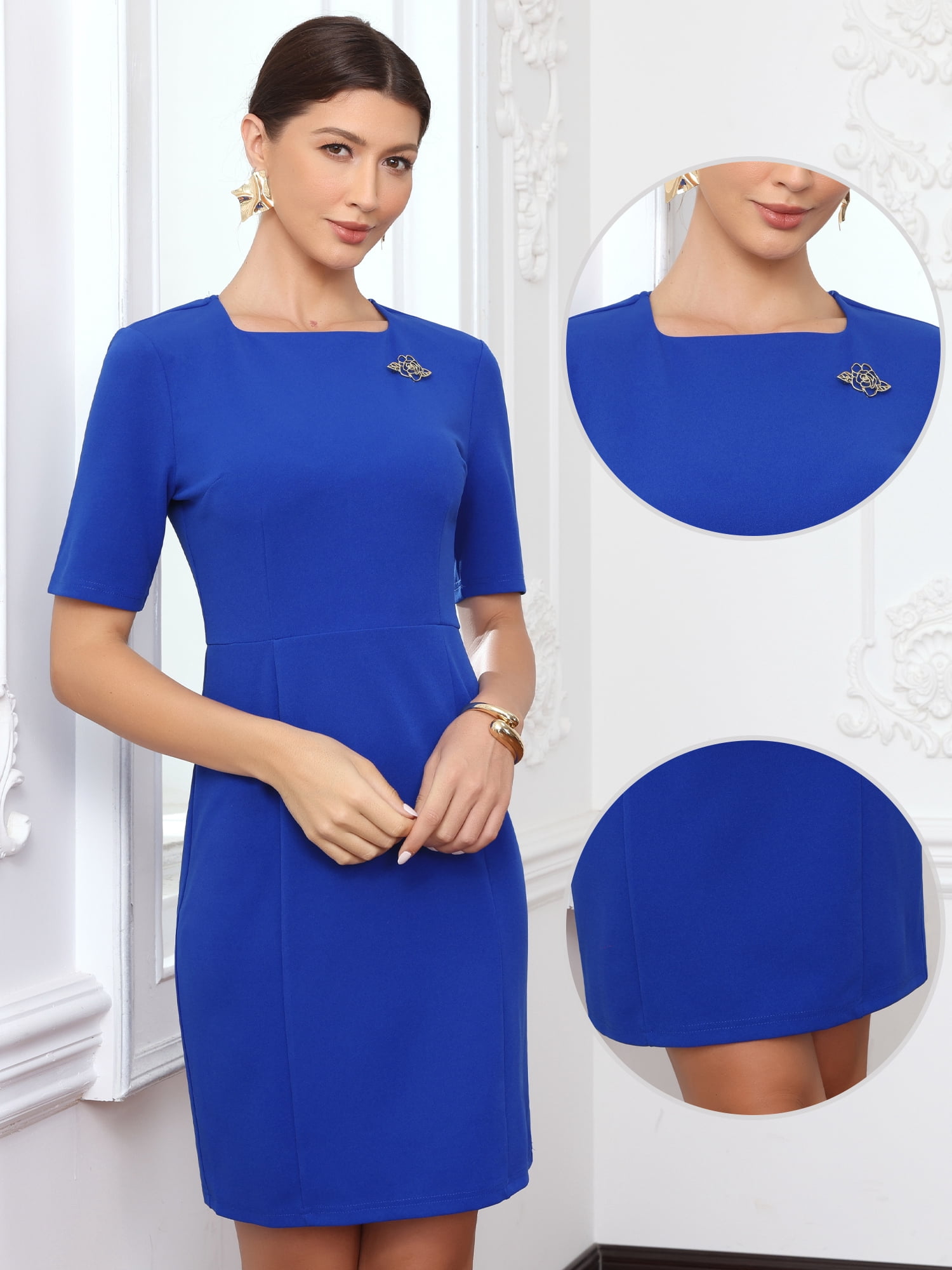 DARING DIVA Women's Vintage Work Short Sleeve Square Neck Sheath Dress M Royal Blue