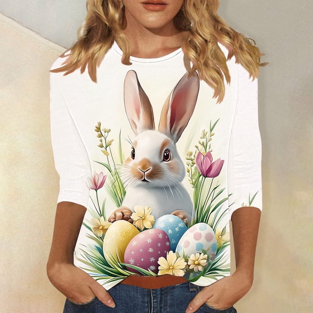 TaTaai Women's Loose Fit Easter Printed Top 3/4 Sleeve Round Neck Casual T Shirt Fashion Pullover Soft Comfortable Blouse for Spring Summer Daily Vacation Gift