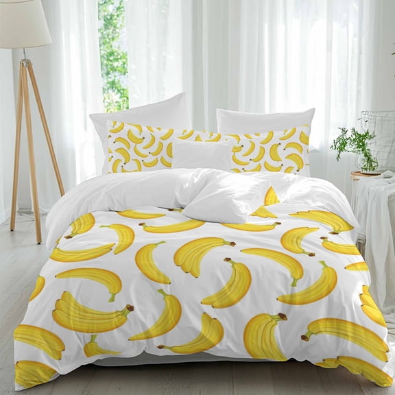3 Piece Yellow Banana Duvet Cover Set Full Size, Microfiber Comforter/Quilt Cover with Corner Ties and 2 Pillowcases, Summer Tropical Fruits Watercolor All Season Soft Bedding with Zipper Closure