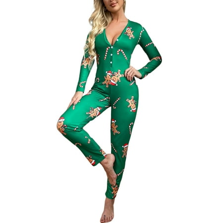 

Tregren Women Pajamas Jumpsuit Christmas Cartoon Printed One-Piece Sleepwear