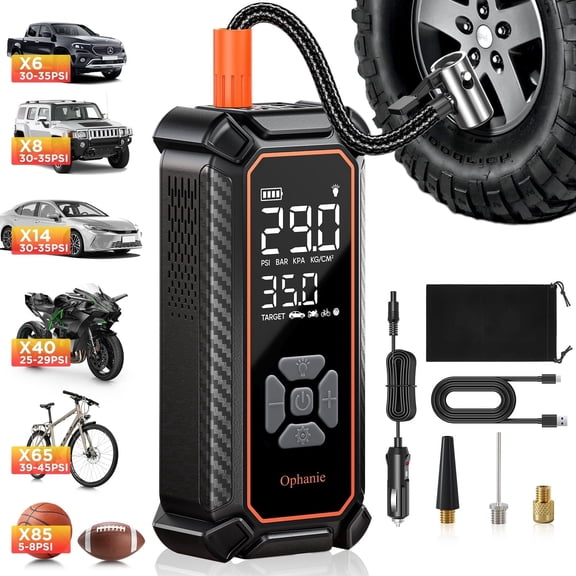 Ophanie Cordless Tire Inflator Portable Air Compressor, 160PSI, 4500mAh Battery, Air Pump for Car Tires, Bike, Motorcycle, Electric Pump with LED Light & Digital Pressure Gauge