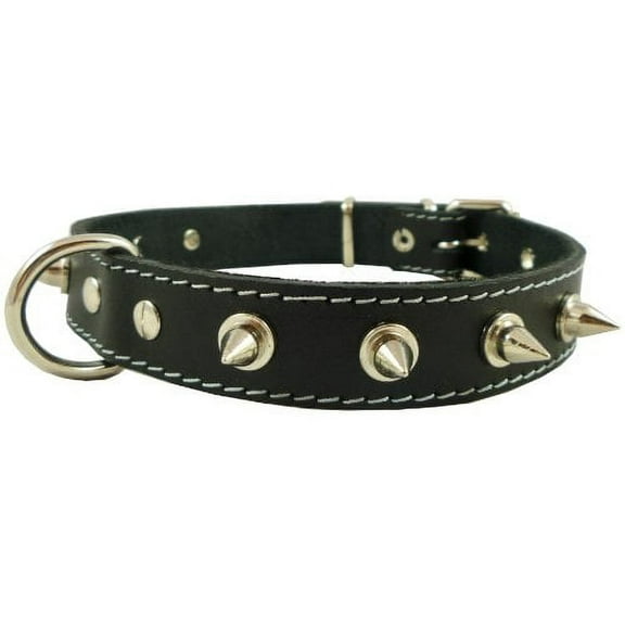 Real Leather Black Spiked Dog Collar Spikes, 1" Wide. Fits 14"-17" Neck, Medium Breeds.
