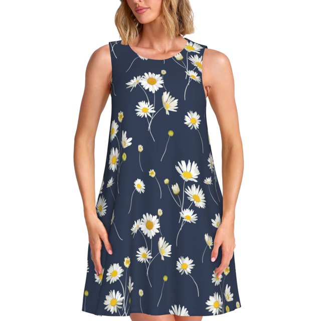 Fotbe Daisies Flowers Vestido de Verano sin Mangas para Mujer – Vestido Midi Línea A, Estilo Camiseta Floral, Vestido Playero Casual y Fluido