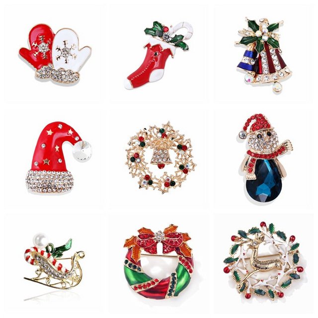 Nueve broches navideños, calcetines, guantes, sombreros, guirnaldas, campanas, alfileres de muñecos de nieve a la moda europea y americana, los tamaños de mujer varían.