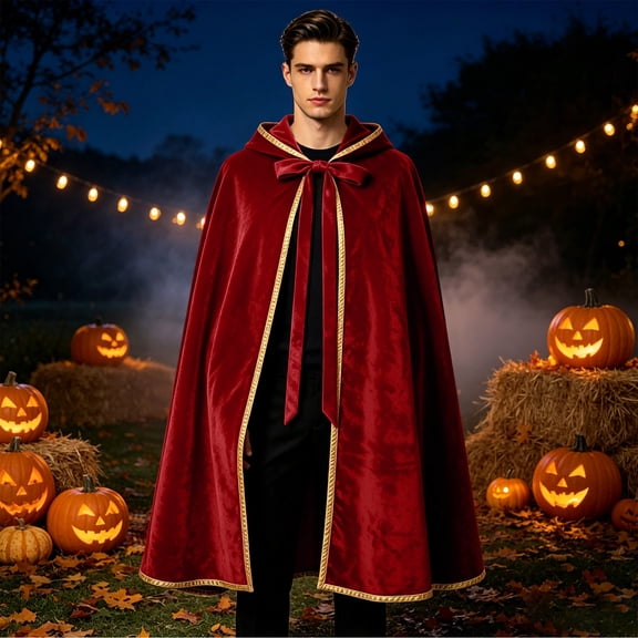Hooded Cloak with Bow‑Tie Fastening, Elegant Full‑Length Cape for Themed Gathering, Halloween, Stage Performance, Festival , Fancy Dress and Historical Role‑Play Activities (Red)