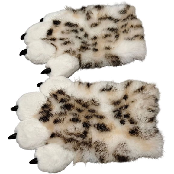 Byfri Snow Leopard Print Furry Gloves with Black Pads 32cm Warm Plush Mittens for Winter Festive Events
