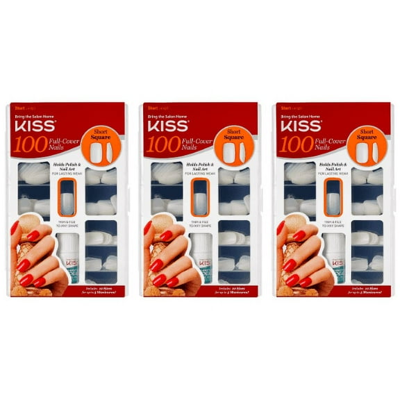 KISS Salon Acrylic Natural Nails - 100 Piece Kit Short Square - 100PS14 3-Pack