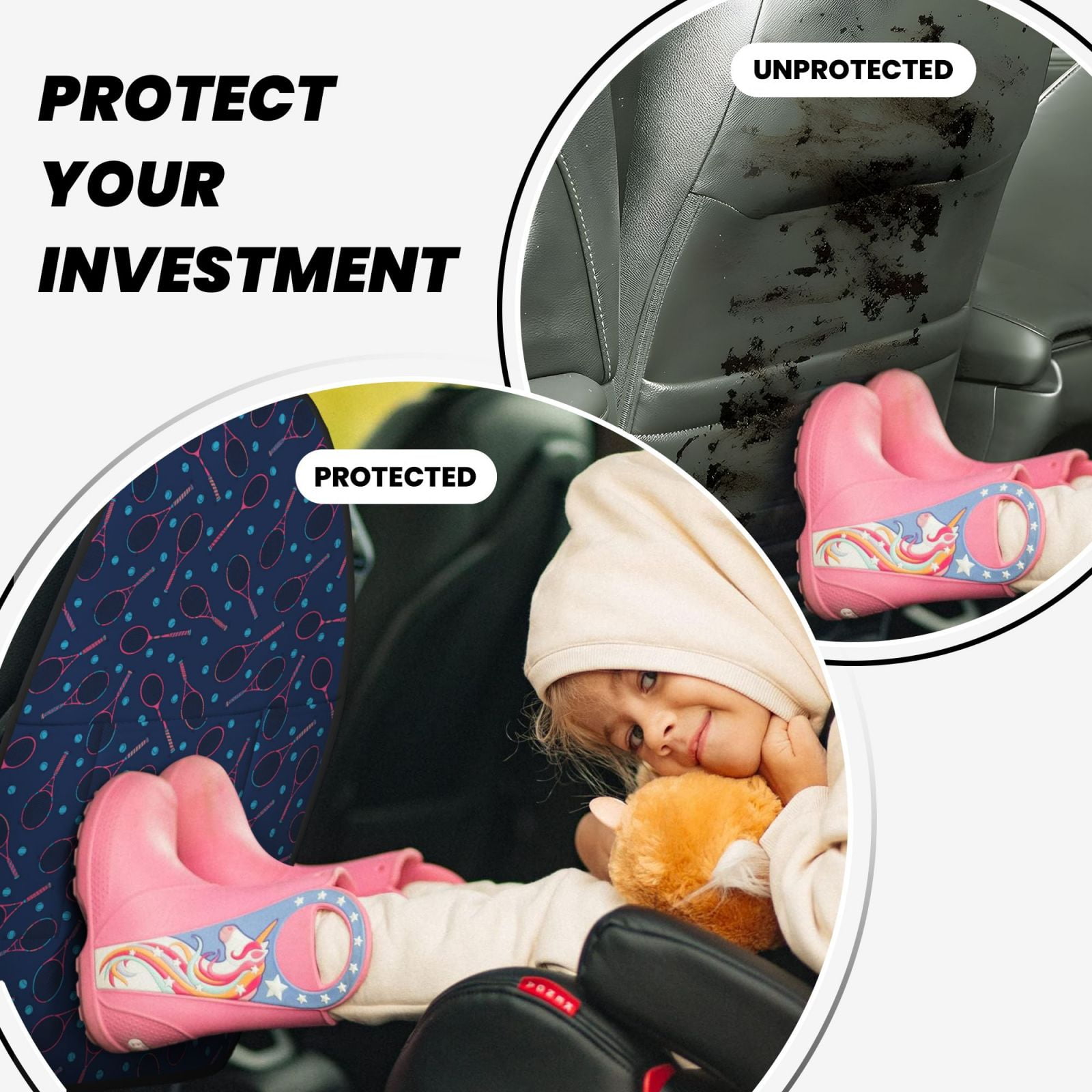 Kdxio Tennis Racket Print 2 Pack Car Kick Mat Seat Cover Back Protector Mat with Pockets for Organizer Backseat Protector and Storage Anti Kick Pad for Vehicles