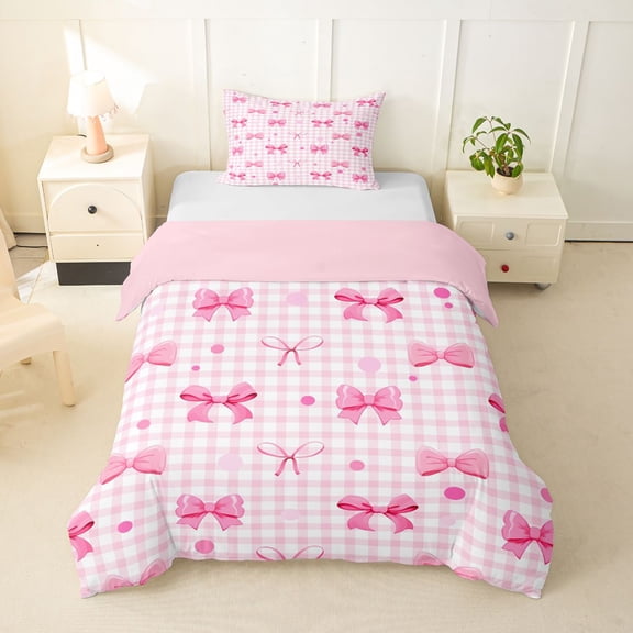 spefrowx Kawaii Pink Bow Gingham Twin Duvet Cover for Girls, Pink Checkered Dot Twin Bedding, Pink Reversible, 2pcs, 1 Duvet Cover and 1 Pillowcase