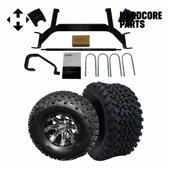 Hardcore Parts 6" Drop Axle Lift Kit for EZGO TXT/PDS (2001.5-2008) Gas Golf Cart with 10" Machined/Black 'Tempest' Wheels and 22"x11"-10" DOT rated All-Terrain tires