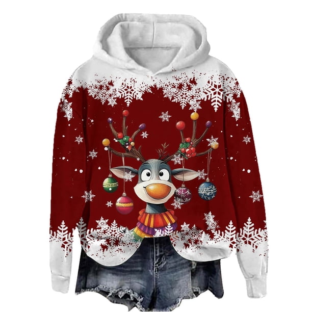 WILLBEST Sudadera Deportiva para Mujer, Estilo Casual, con Estampado Navideño de Ciervos con Cabeza Grande y Copos de Nieve, Cuello Redondo, Manga Larga y Capucha Ligera Chica