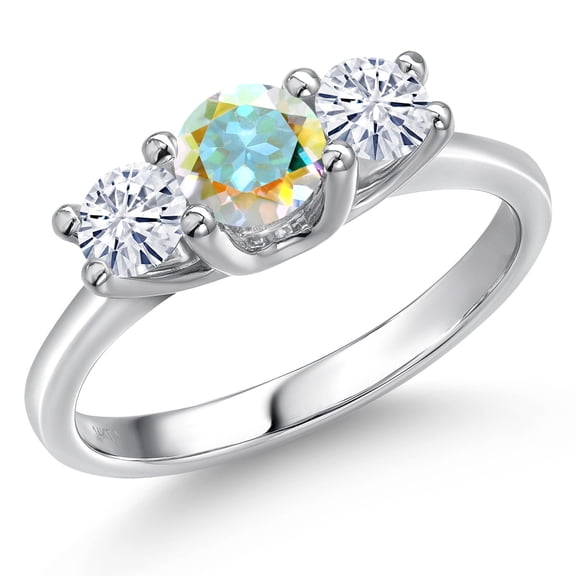 Gem Stone King 14K White Gold Mercury Mist Mystic Topaz & White Moissanite 3-Stone Engagement Ring | 1.01 Cttw | Round 5MM and 4MM | Three Stone Wedding Anniversary Promise Ring for Women (Size 9)