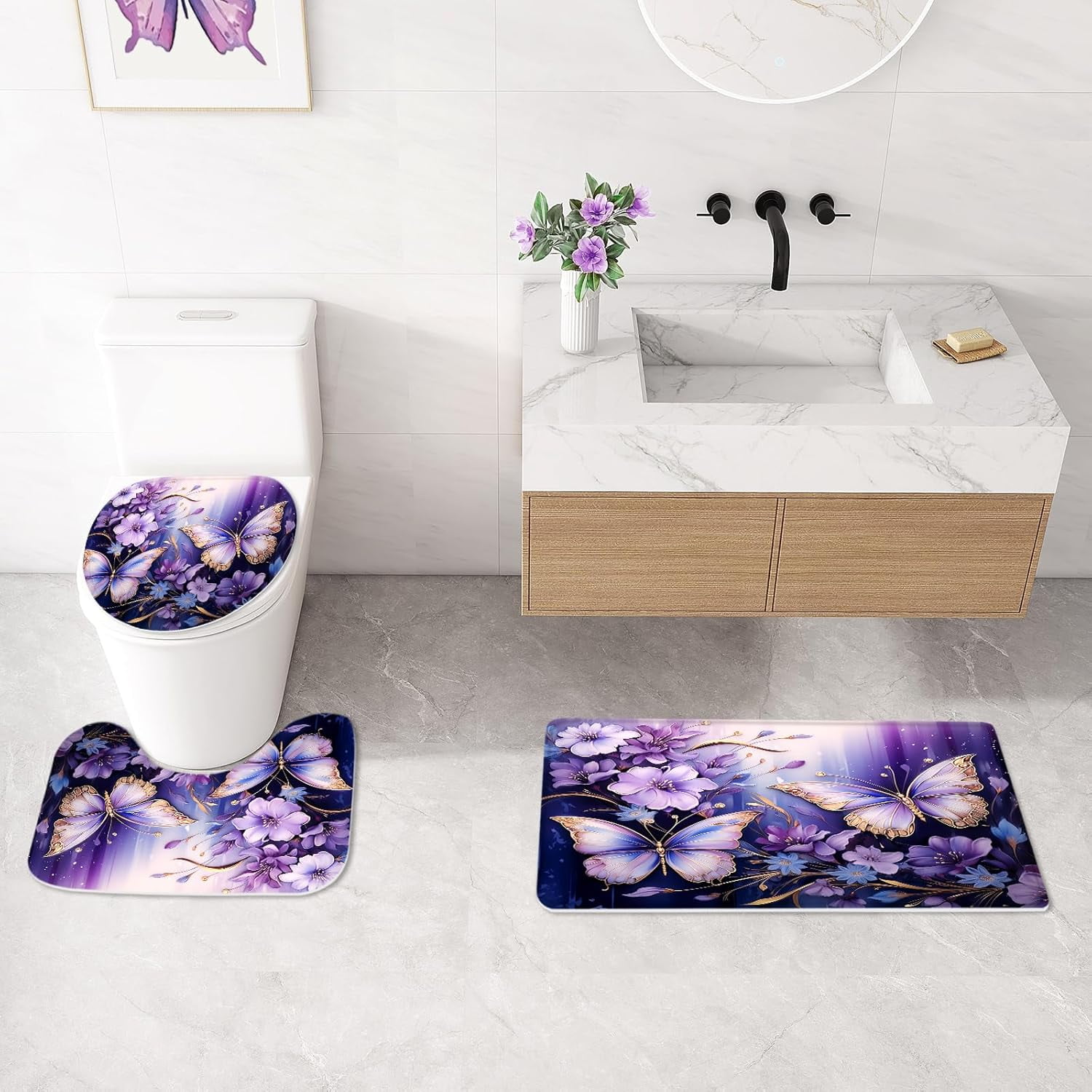 4 Pcs Purple Floral Butterfly Shower Curtain Set with Non-Slip Rugs, Modern Toilet Lid Cover and Bath Mat, Elegant Bathroom Decor Set with Shower Curtain and Rugs(Hooks Not Included)