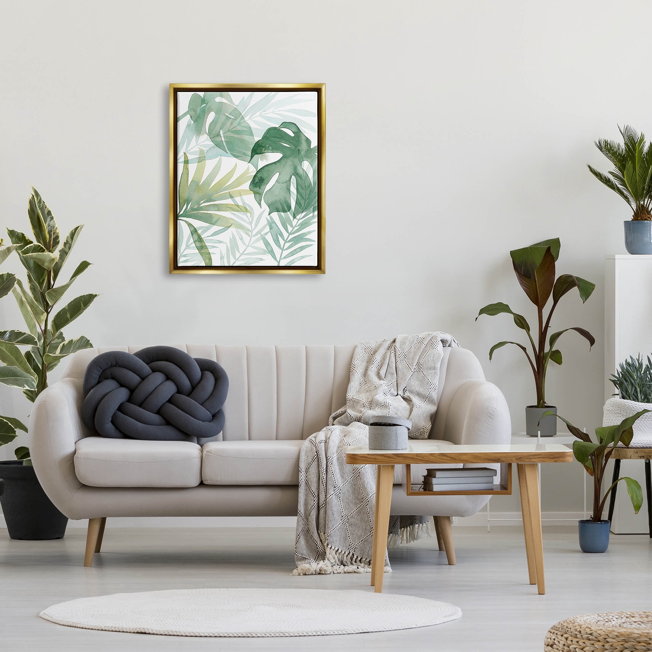Monstera Overlapping Leaf Sprigs Botanical & Floral Graphic Art Metallic Gold Framed Art Print Wall Art