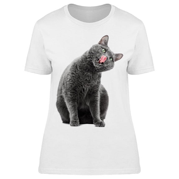 Fluffly Gray Cat Licking Nose T-Shirt Women -Image by Shutterstock, Female XX-Large