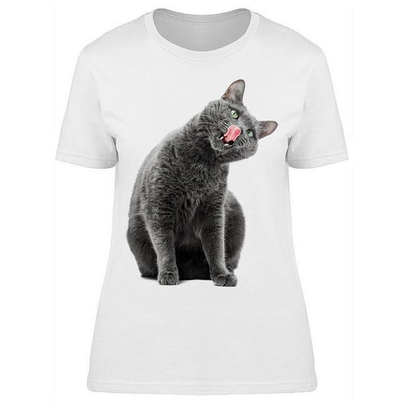 Fluffly Gray Cat Licking Nose T-Shirt Women -Image by Shutterstock, Female Medium