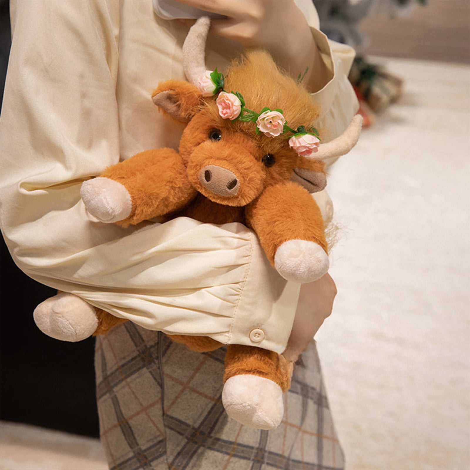 Highland Cow Stuffed Animal, Highland Cow Gifts, Highland Cow Plush Fluffy Farm Animal Stuffed Figure Cuddly Jointed Cow Companion with Flower Crown for Girlfriend Gift